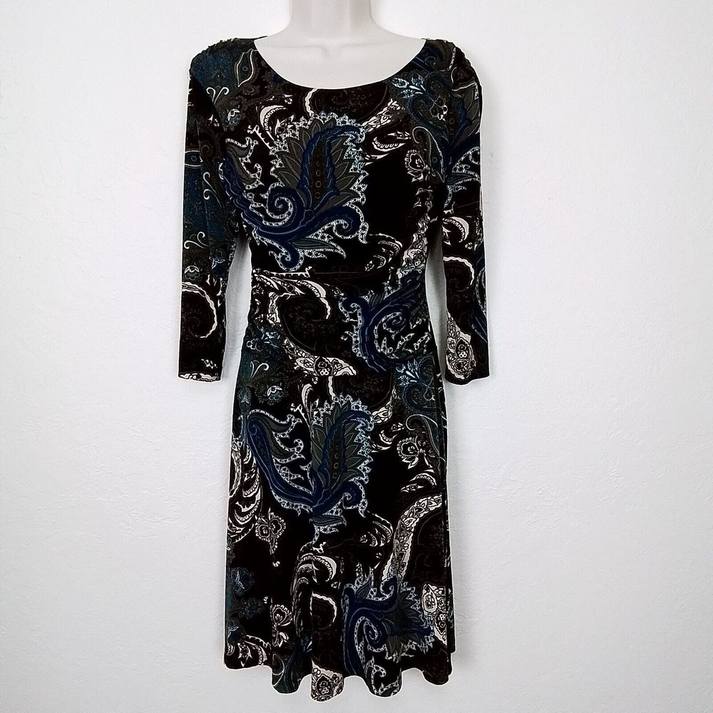 EnFocus Studios Womens Y2K Mid Dress Sz 6 Brown‎ Peacock 3/4 Sleeve Scoop Neck